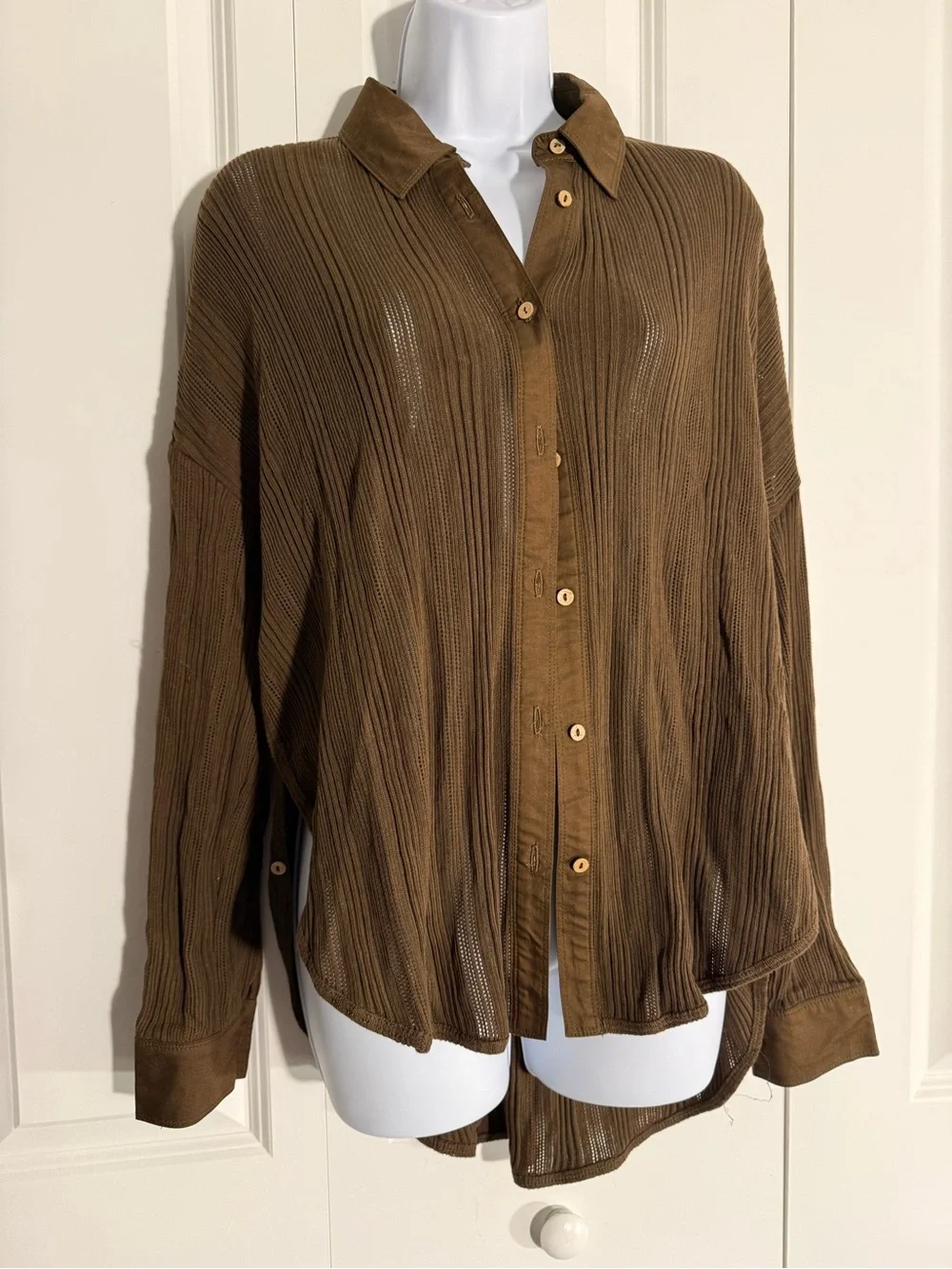 Free People Brown Ribbed Semi-Sheer Button-Down Shirt